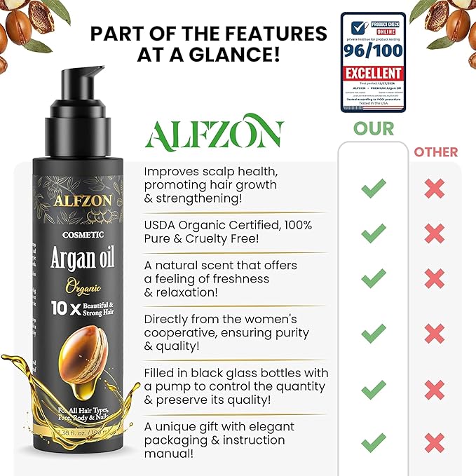 𝓐𝓛𝓕𝓩𝓞𝓝 Moroccan Argan Oil 100% Pure USDA Organic Cold Pressed Lightweight Formula for Dry, Damaged & Curly Hair Boosts Shine, Controls Frizz, Hydrates Skin, Face, Body & Beard - 100 ml (3.38 oz)
