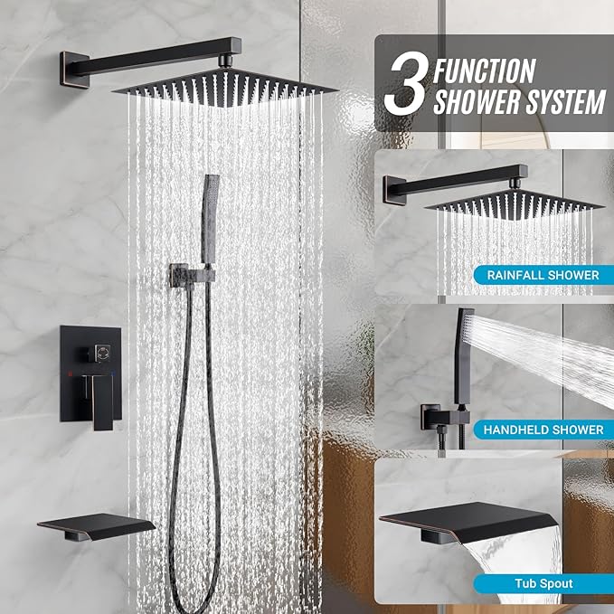 IUERASD Rain Shower Faucet Set Wall Mounted Rainfall with Tub Spout Shower Head System Rough-in Valve Body and Trim Included Oil Rubbed Bronze (10 Inches)