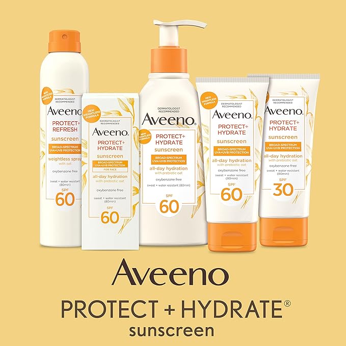 Aveeno Protect + Hydrate Moisturizing Body Sunscreen Lotion with Broad Spectrum SPF 60 & Prebiotic Oat, Weightless & Refreshing Feel, Paraben-Free, Oil-Free, Oxybenzone-Free, 3.0 fl. oz | Refreshing Feel, Prebiotic Oat, Body, Moisturizing, Weightless