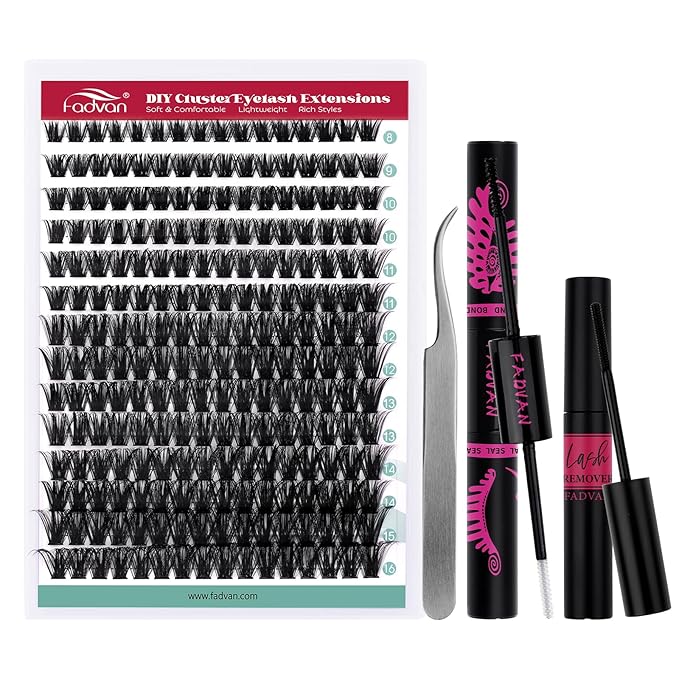 FADVAN DIY Lash Extension Kit 100D Volume Lash Clusters Kit with Lash Bond and Seal 280 pcs Thick Individual Lashes 8-16 mm D Mink Lashes Cluster, Lash Cluster Remover and Tweezers