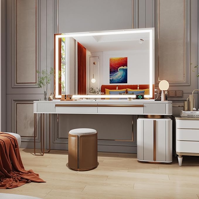 Hasipu Vanity Mirror with Lights, 55" x 36" LED Makeup Mirror, Lighted Makeup Mirror with Dimmable 3 Modes, Touch Screen Control Vanity Mirror Square White