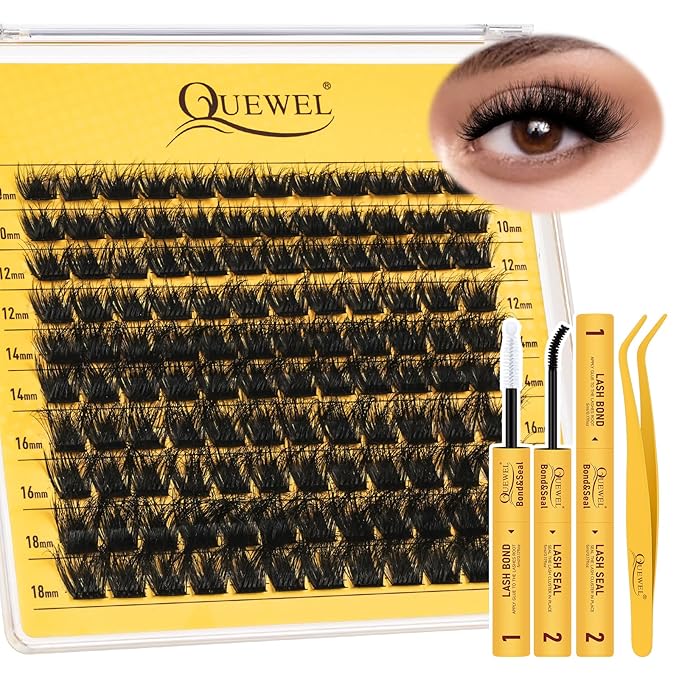QUEWEL Lash-Clusters-Kit, DIY Lash Extension Kit 3D Effect Lash-Clusters Mix 10-18mm Eyelash Clusters with Lashes Bond and Seal Eyelash Tweezers (3D Cloud A Kit)