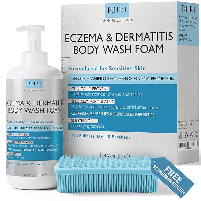 Eczema Body Wash Sensitive Skin | Eczema Treatment | Foaming Cleanser For Eczema Prone Skin | Soothes Dryness & Itching, Gentle On Dermatitis, Sulfate-Free With Free Scrubber Brush