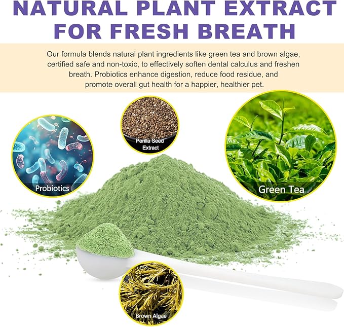 Dog Dental Powder, Dog Breath Freshener, Dog Teeth Cleaning, Plaque & Bad Breath Off, Teeth Cleaning Made Easy, Green Tea Flavor