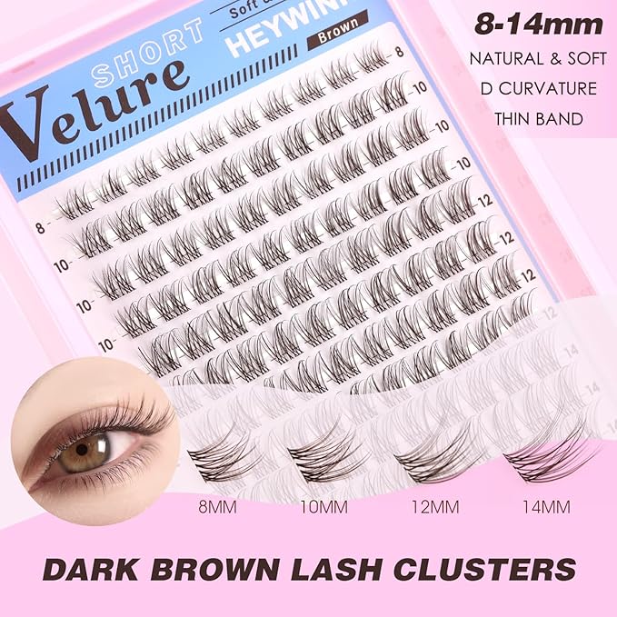 Brown Lash Clusters Kit Velure Lash Extensions Kit Dark Brown Natural Eyelash Clusters D Curly Short Lash Cluster 8-14mm Lash Clusters Natural with Invisible Band Individual Lashes(Velure-Dark Brown)