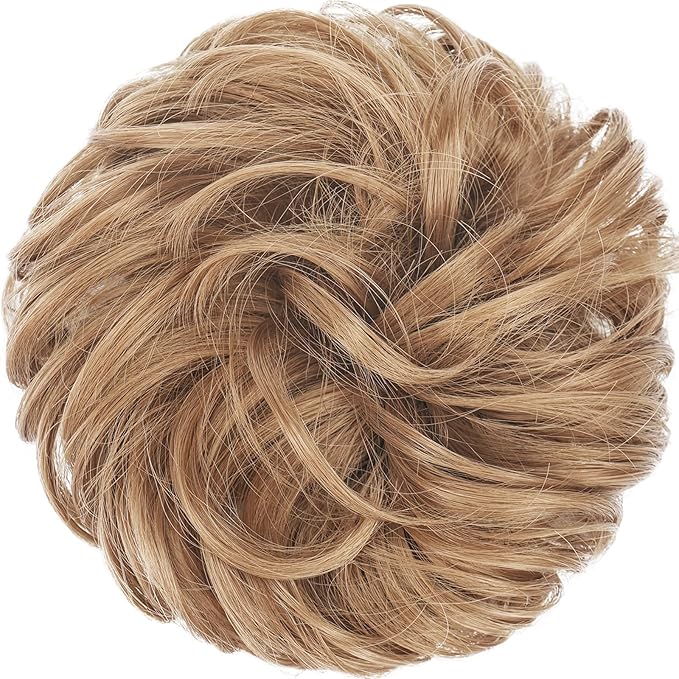 FESHFEN Messy Bun Hair Piece - Wavy Synthetic Chignon Scrunchies for Instant Volume, Elastic Bun Ponytail Hair Extensions Thick Hairpieces for Women, Strawberry Blonde 1.50 oz