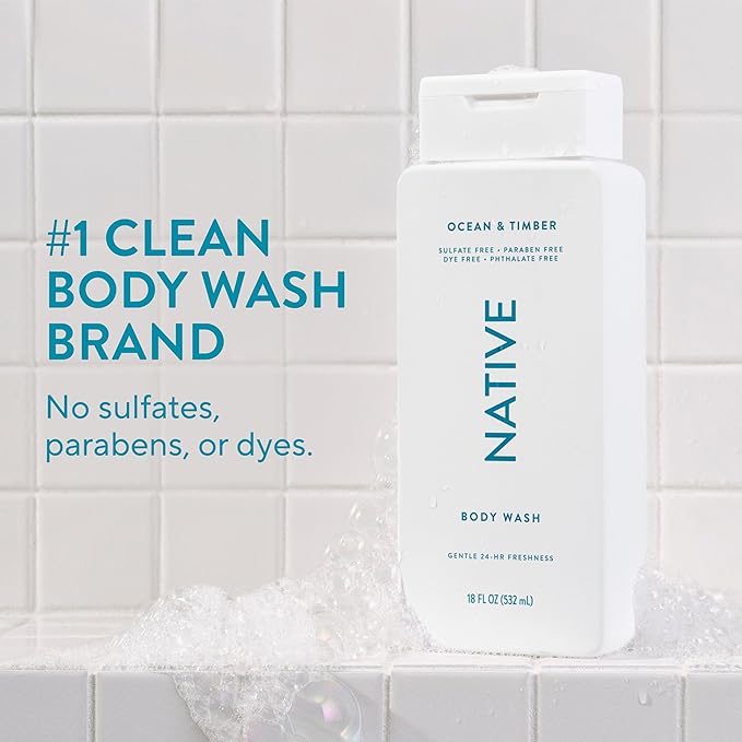 Native Body Wash Contains Naturally Derived Ingredients | For Women & Men, Sulfate, Paraben, & Dye Free Leaving Skin Soft and Hydrating | Ocean & Timber 18 oz