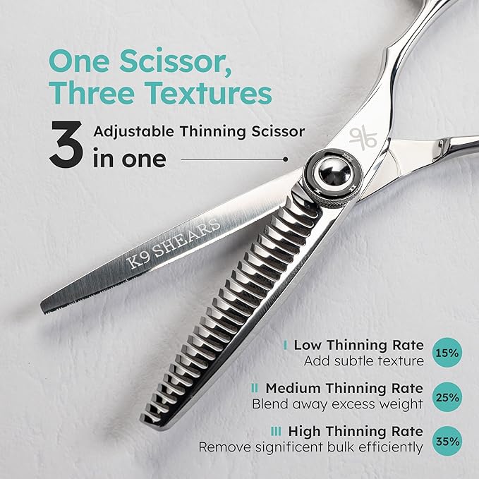 K9 6" 3-in-1 Professional Thinning Shears – Adjustable Thinning Rate (15%, 25%, 35%), Barber Shears Made with Premium VG10 Steel, Lightweight, Razor-Sharp, Ergonomic Handle for Hairstylists
