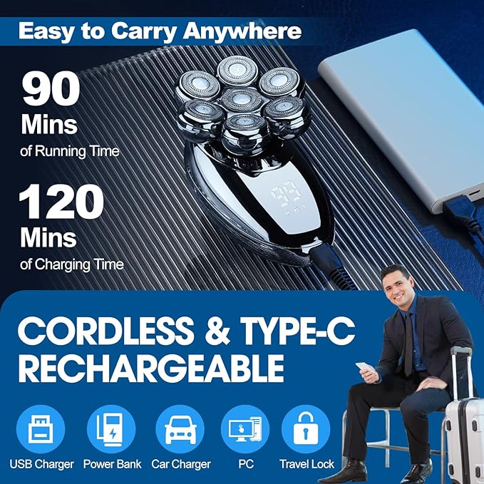 Head Shavers for Bald Men, 5-in-1 Electric Shaver, 7D Rotary Shaver, Wet/Dry Shaver, LED Display, Rechargeable Shaving Grooming Set, Suitable for Head and Face Shavers, IPX6 Waterproof