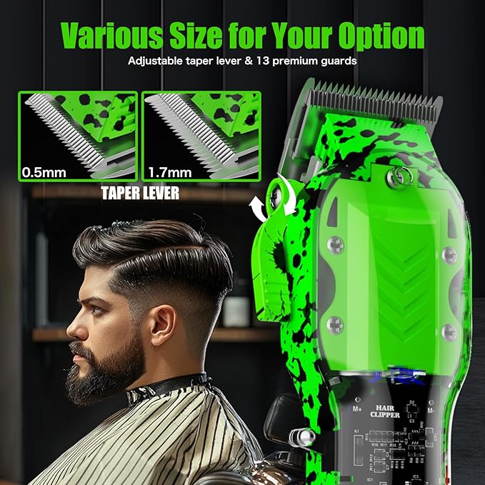 Professional Hair Clippers for Men, Cordless Barber kit for Hair Cutting & Grooming, Hair Clippers and Trimmer Set for Barber Haircut with LED Display, 8 Fade Taper Combs(Green Set)