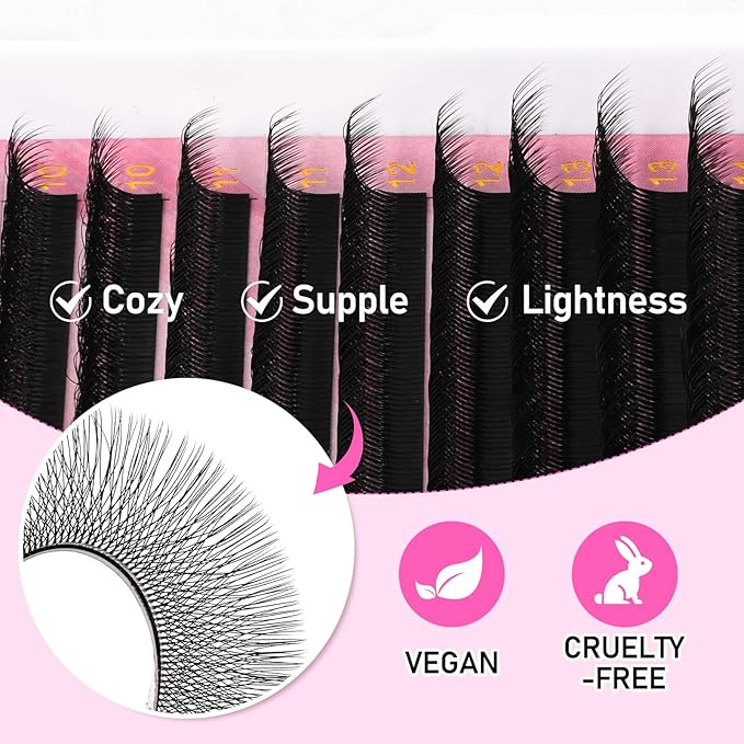 Arison Lashes Double Layers 6DW Shape Eyelash Extension Natural Soft Volume 0.07mm D Curl 8-15mm Mix Premade Fans Faux Mink Matte Black 12 rows