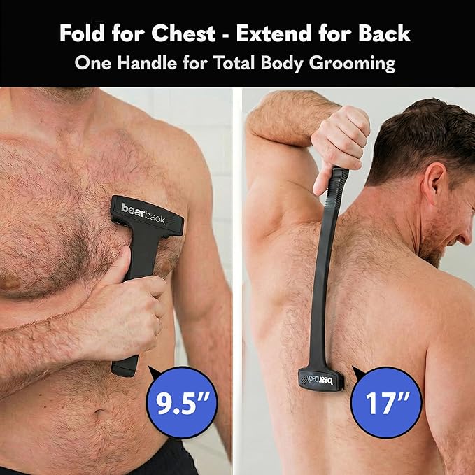 Bearback Back Shaver for Men – DIY Razor with Pivoting Triple Blades & Folding Handle – Wet or Dry Back & Body Hair Removal