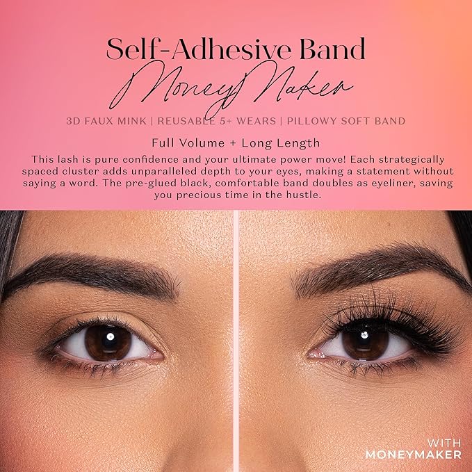 Lilly Lashes 3D Self Adhesive Eyelashes, No Lash Glue Needed, Body Heat Activated Press on Lashes, Reusable Self Adhesive Eyelashes Up to 5x, Easy to Apply & Remove (MoneyMaker)