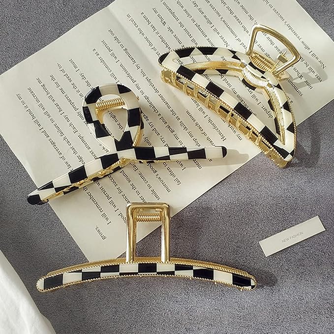 Big Hair Claw Clips Checker Claw Butterfly Barrettes Claw Clips for Women Lattice Design Acetate Claw Clips Metal Hair Clip for Girls Large Hair Accessories for Long Thick Hair 3 Pcs
