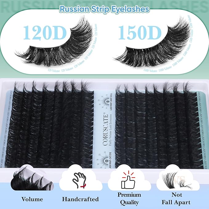 CORUSCATE Lash Clusters 120D+150D Eyelash Clusters Long Individual Lashes 14-18mm Thick Cluster Eyelash Extensions 256pcs Volume Strip Eyelashes Mink DIY Cat Eye Lashes Extension