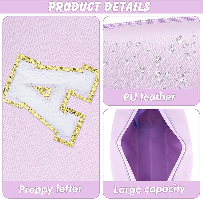 URSKYTOUS Gifts for Girls Initial Makeup Bag Personalized Cosmetic Bag with Zipper Cute Travel Toiletry Bag Waterproof PU Preppy Makeup Pouch Birthday Gift for Teen Girls Women(Purple A)