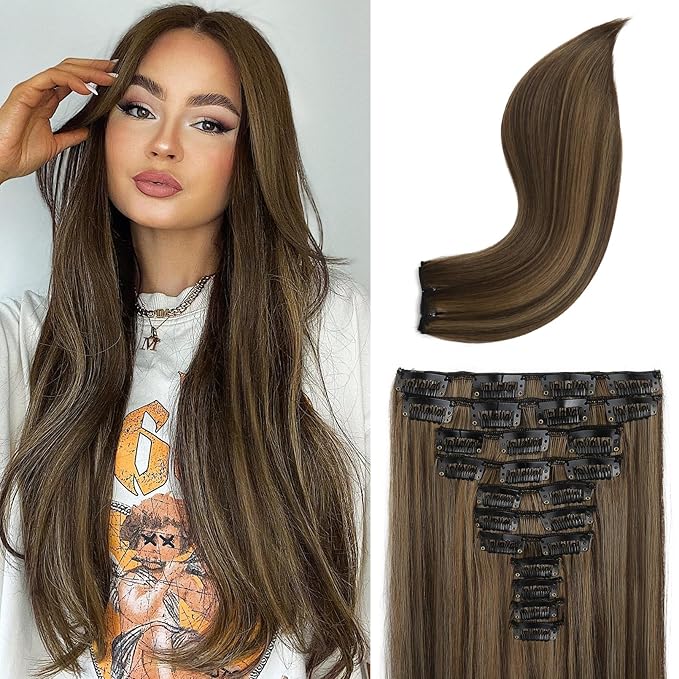 REECHO Hair Extensions, 11PCS Clip in Hair Extensions 24" Long Straight hair extensions HE005 Natural Soft Synthetic Hairpieces for Women – Dark Brown with Highlights