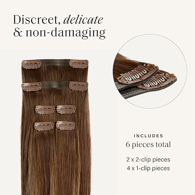 Luxy 100% Remy Human Hair Extensions for Thin Hair Thinning Hair Fill-Ins – 6 Seamless Wefts Multi-Dimensional Color Blend - Natural-Looking Volume & Coverage 95 grams 20" Chestnut Brown Balayage