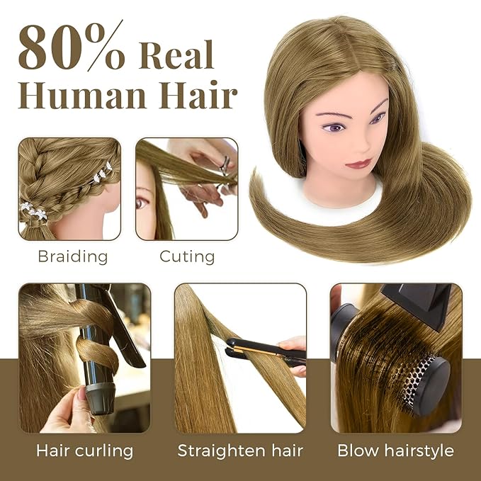28 Inch Mannequin Head 80% Human Hair with Tripod Stand,Mannequin Cosmetology Manikin Practice Doll Head with stand,Braiding Hairdressing Head for Hair Styling with Table Clamp + DIY Hair Styling Set