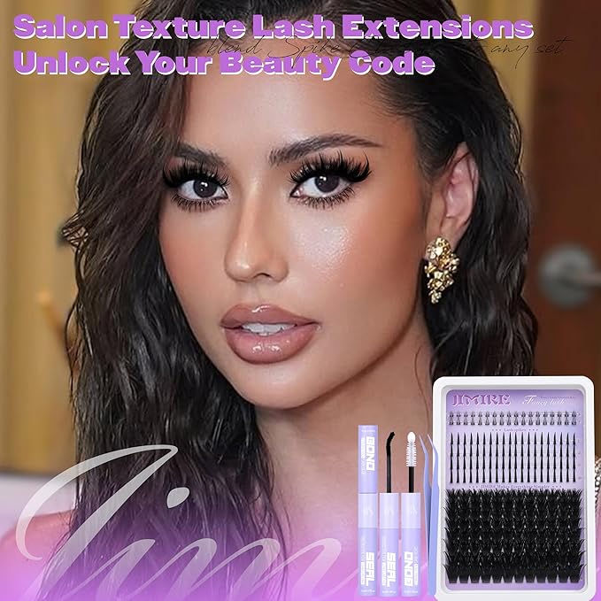 JIMIRE Volume Lash Clusters Kit 12-18MM D Curly Lash Extension Kit with Lash Bond and Seal Thick Fluffy Cluster Eyelash Extensions with Spiky Lash Clusters Bottom Lashes 216Pcs Pack
