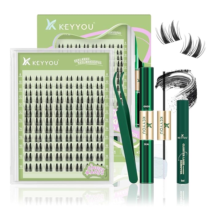 KEYYOU LASH Extension Kit 120Pcs Angel Lash Clusters Kit Thick Eyelash Extension Kit with Glue and Seal,Tweezers,Remover for DIY lash extension kit at Home（Kit-Angel A09-D-8-16MIX）