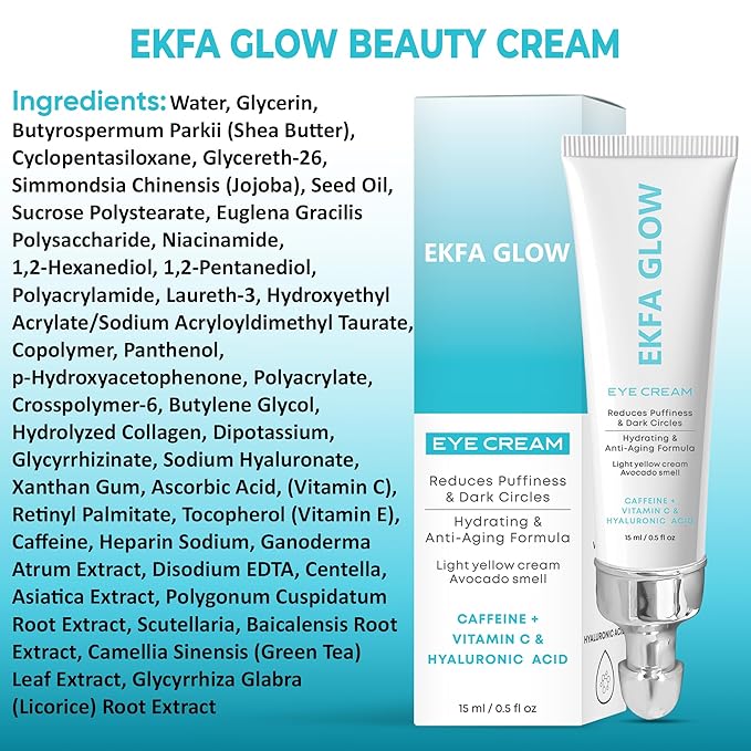 Ekfa Glow Caffeine Eye Cream for Dark Circles & Puffiness – Vitamin C + Hyaluronic Acid Anti-Aging Under Eye Cream for Women, Hydrating & Brightening, 15ml