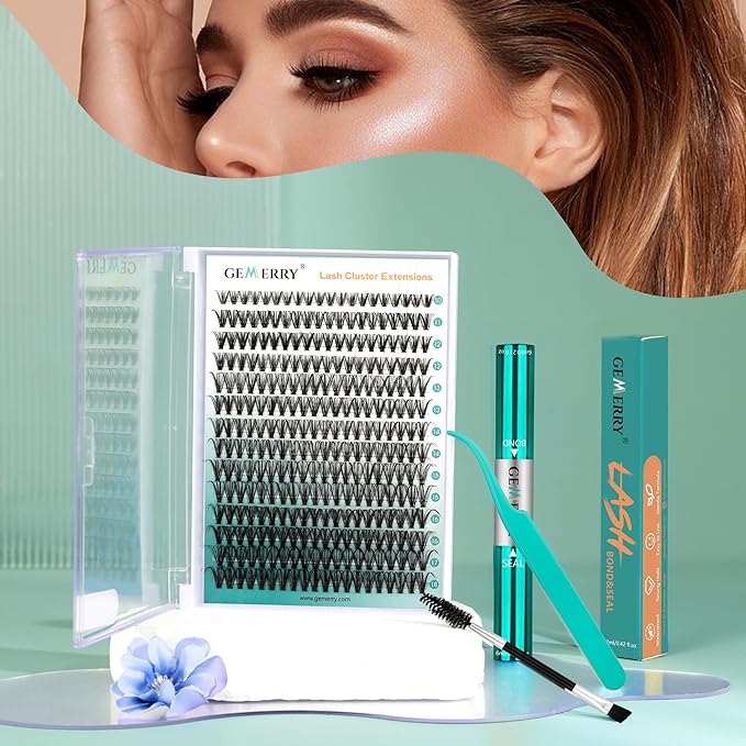GEMERRY Lash Extension Kit DIY 280pcs Lash Clusters Kit Eyelash Extension Kit D Curl Individual Lashes Kit with Lash Bond and Seal Lash Tweezers for Self Use（50P-10-18mm)
