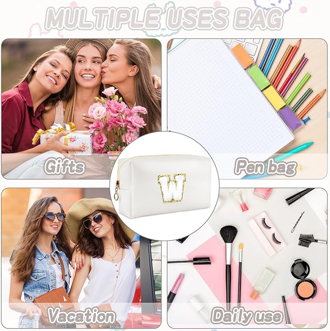 URSKYTOUS Gifts for Girls Initial Makeup Bag Personalized Cosmetic Bag with Zipper Cute Travel Toiletry Bags Waterproof PU Preppy Makeup Pouch Birthday Gift for Teen Girls Women(White W)