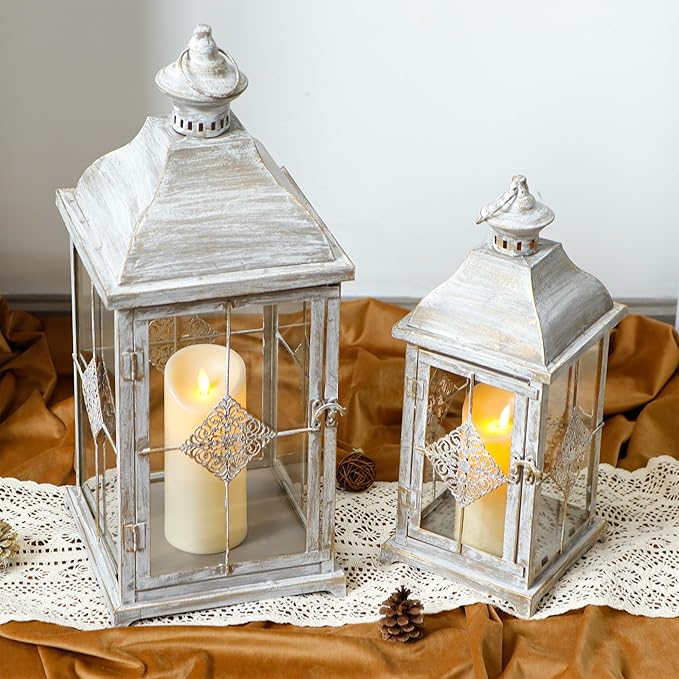 TRIROCKS 20"&15" H Large Decorative Candle Lantern Antique Grey Brush Outdoor Lantern Set with Tempered Glass Metal Candle Holder for Porch Ideal for Gardens Spring Home Decor Indoor Outdoor