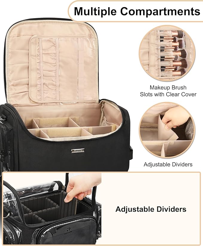 Relavel Rolling Makeup Train Case, Cosmetology Case on Wheels with 4 Clear Bags and Clear Makeup Brush Case, Professional Makeup Artist Set Bags Organizer with 360° Spinner Wheels