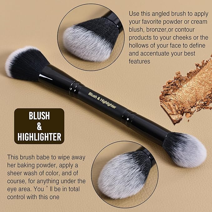 LORYP Black Makeup Brushes 2Pcs Duo End Foundation Powder Brush Set, Blush & Highlighter Brush and Round & Flat Foundation Brush