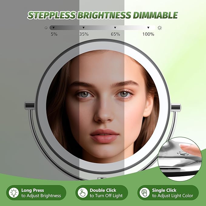 9" Large Lighted Makeup Mirror with Magnification 20X/1X, Magnifying Mirror with Base Charging and Switch, Rechargeable Vanity Mirror with 3 Color Dimmable Lights for Dresser, Bathroom