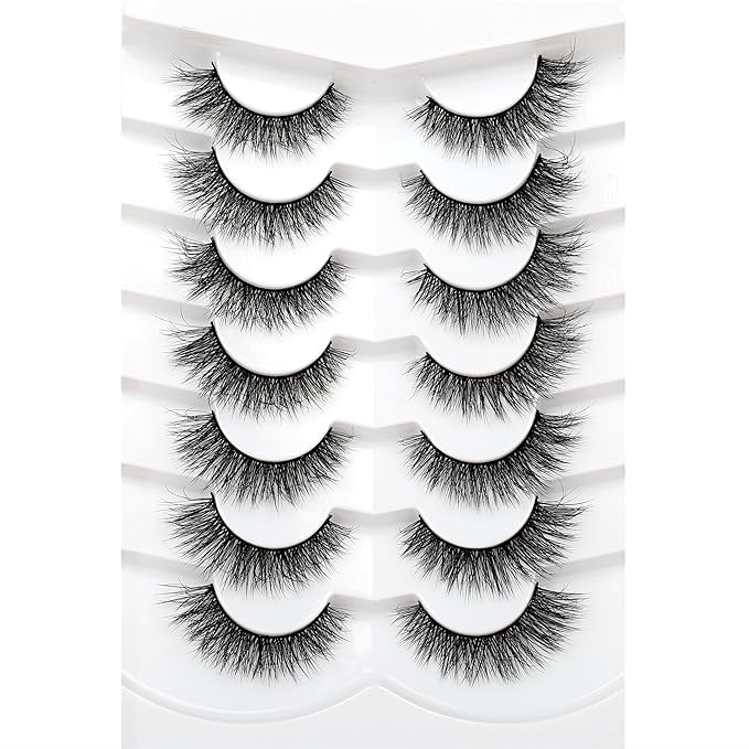 Pooplunch False Eyelash Cat Eye Volume Wispy Strip Lashes Natural Short Fluffy Volume Faux Mink Fake Eyelashes 7 Pairs Pack