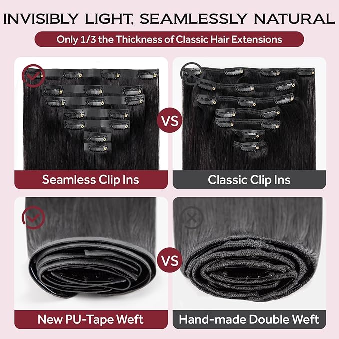 Clip in Hair Extensions Real Human Hair Natural Black Seamless Clip In 100% Remy Hair Extensions PU Skin Weft Add Volume Invisible for Long Straight Hair #1B 22Inch 120G 8PCS