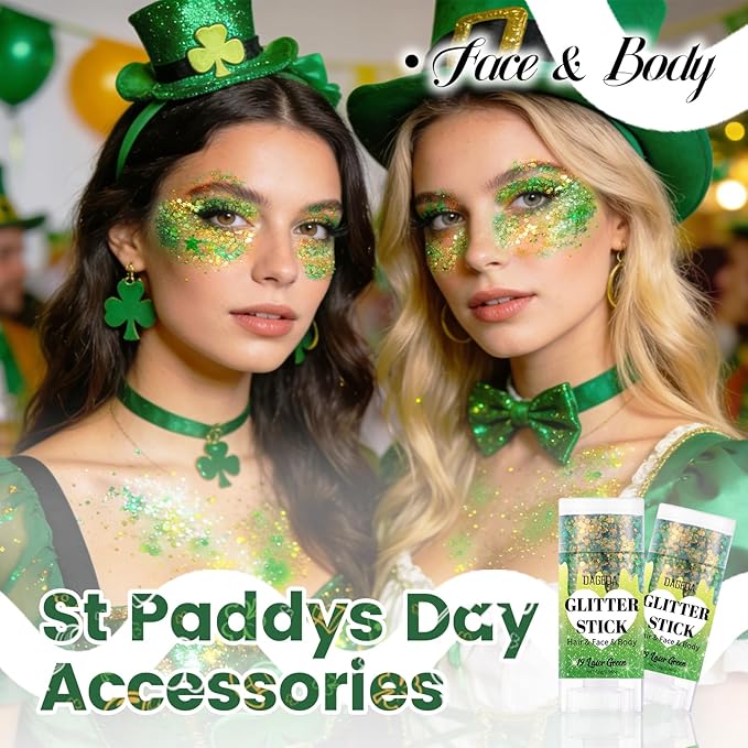 DAGEDA Laser Green Body Glitter Stick,St Patricks Day Accessories,Sparkly Face Glitter Makeup,Holographic Hair Glitters St Paddys Outfits for Women, Shimmer Face Paint Stick for Mardi Gras Accessories