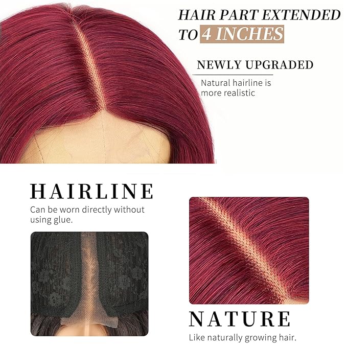 AISI HAIR Bright Red Wig for Women, Long Wavy Lace Hairline Middle Part Synthetic Heat Resistant Wig for Daily Party-26 Inch
