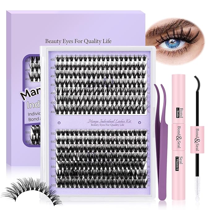 B&Qaugen Lash Extension Kit for Beginners Eyelash Extension Kit Manga Lash Clusters Kit 280 PCS Individual Lashes Kit Volume 40D+50D Soft D Curl Eye Lash Extension Lash Kit(Manga-40D+50D-D-9-16MIX)