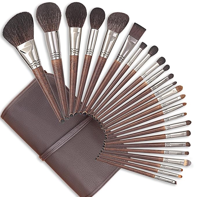 ENZO KEN Deluxe Natural Goat Hair Makeup Brush Set with Case, 24 Cosmetic Brushes Makeup Set, Wooden Natural Makeup Brushes, Natural Bristle Makeup Brush, Natural Hair Makeup Brushes Set Professional.