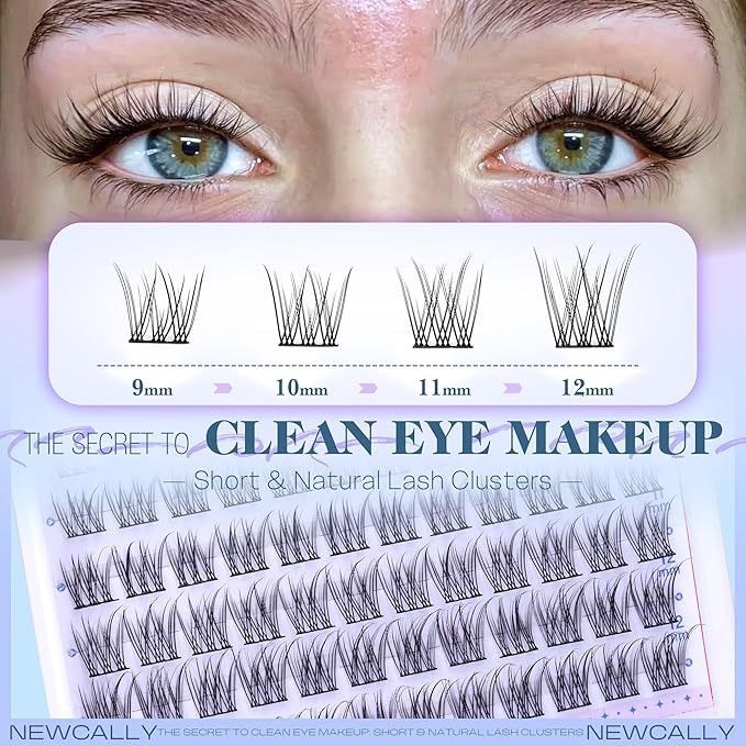 Natural Short Lash Clusters 9-12MM for Clean Eye Makeup Cluster Eyelash Extensions C-curly Wispy Eyelash Clusters Individual Lashes DIY Lash Extension at Home for Beginners by Newcally