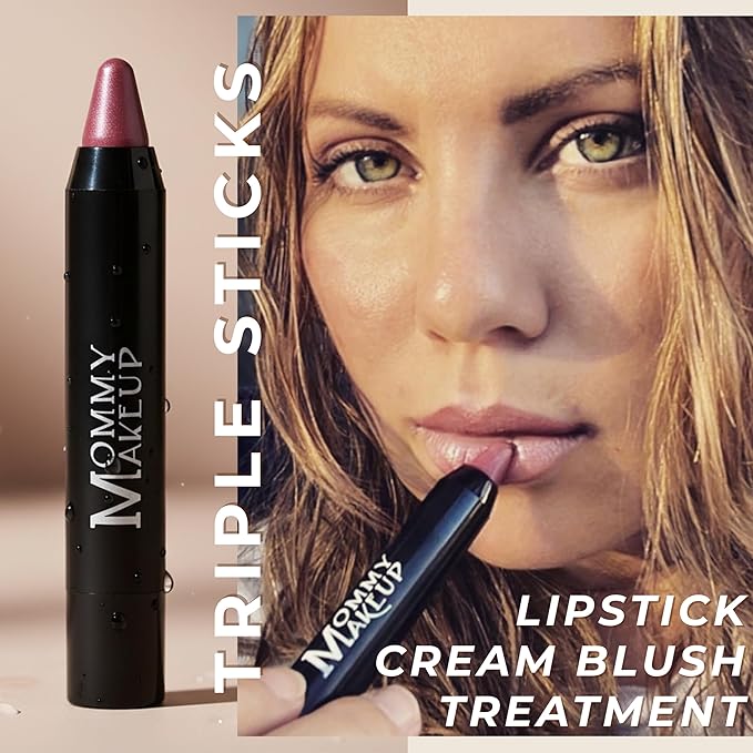 Mommy Makeup Triple Sticks Lipstick, Cream Blush & Treatment All-In-One with Shea & Cocoa Butter - Soft & Creamy Moisturizing Lip Crayon For Lips & Cheeks (Mon Cherie)