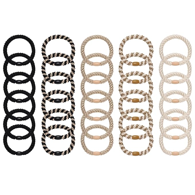 Hair Ties for Thick Hair 30 Pcs Elastics Hair Bands Ponytail Holders No Damage No Crease Hair Elastics For Women Girl(BLACK&Beige)