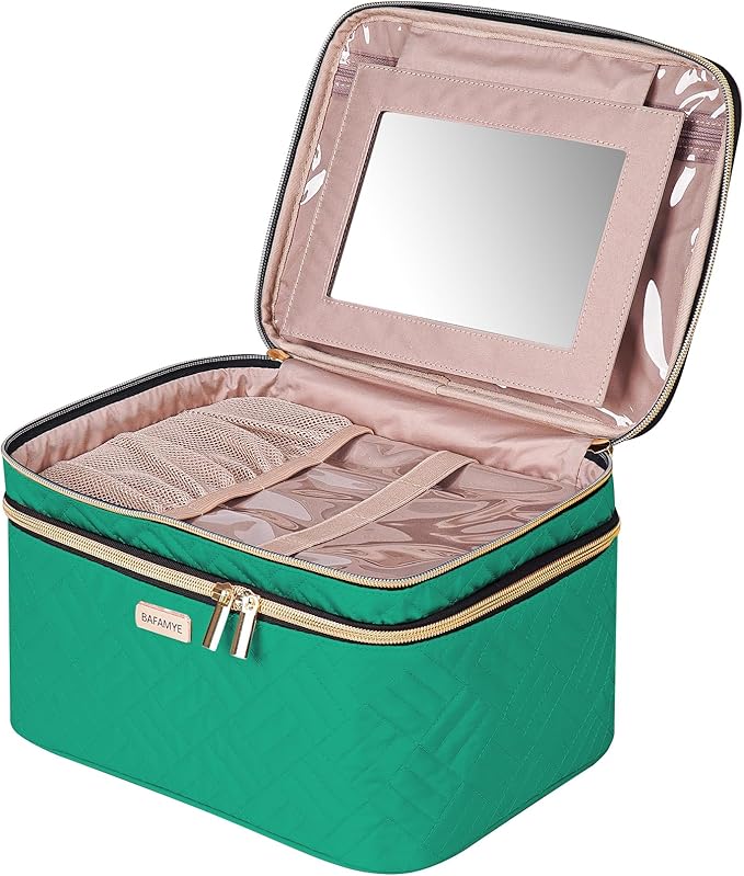 BAFAMYE 8.8L Double Layer Travel Makeup Bag With Mirror For Women, Large Cosmetic Case, Organizer for Travel-Size Accessories Bottles, Brushes,and Skin Care Products, 2.33 GAL, Green…