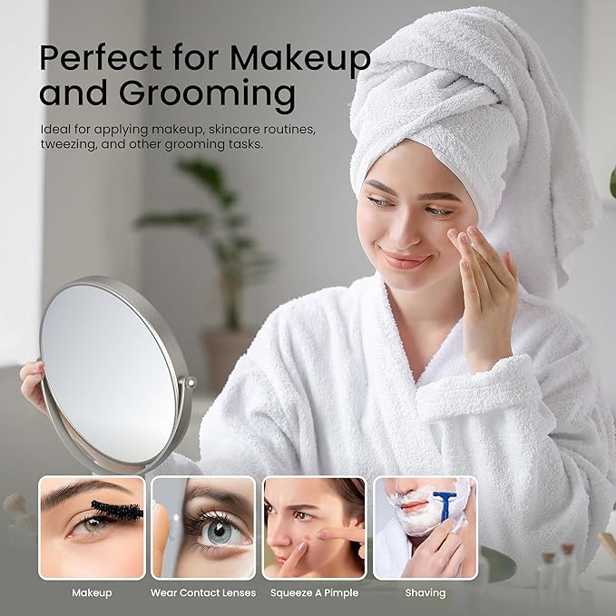 KIBI Free Standing Magnifying Makeup Mirror | Dual-Sided 1X/5X Magnification | 360° Rotating Vanity Mirror for Precise Grooming, Skincare & Beauty (Brushed Nickel, KMM103)