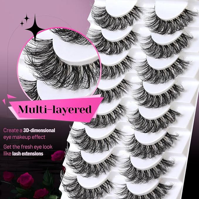 Veleasha Lashes Russian Strip Lashes Eyelashes with Clear Band Looks Like Eyelash Extensions D Curl Lash Strips 10 Pairs Pack (DT01)
