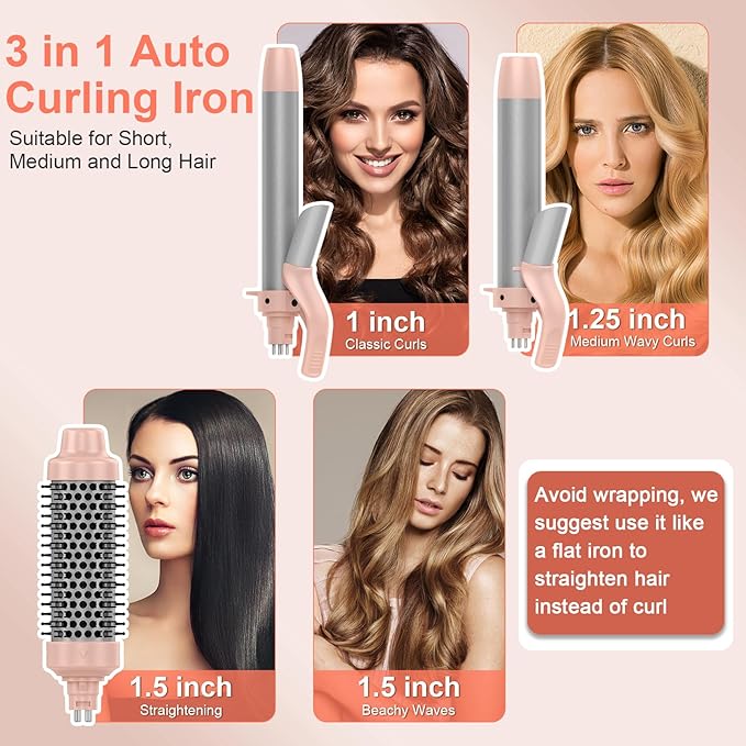 Rotating Curling Iron Set, Automatic Curling Wand for Long Hair, Easy to Use Hair Curler Get Effortless Beach Waves, 3 Sizes Ceramic Barrel 1/1.25/1.5 Inch to 410°F with Home Button, Dual Voltage