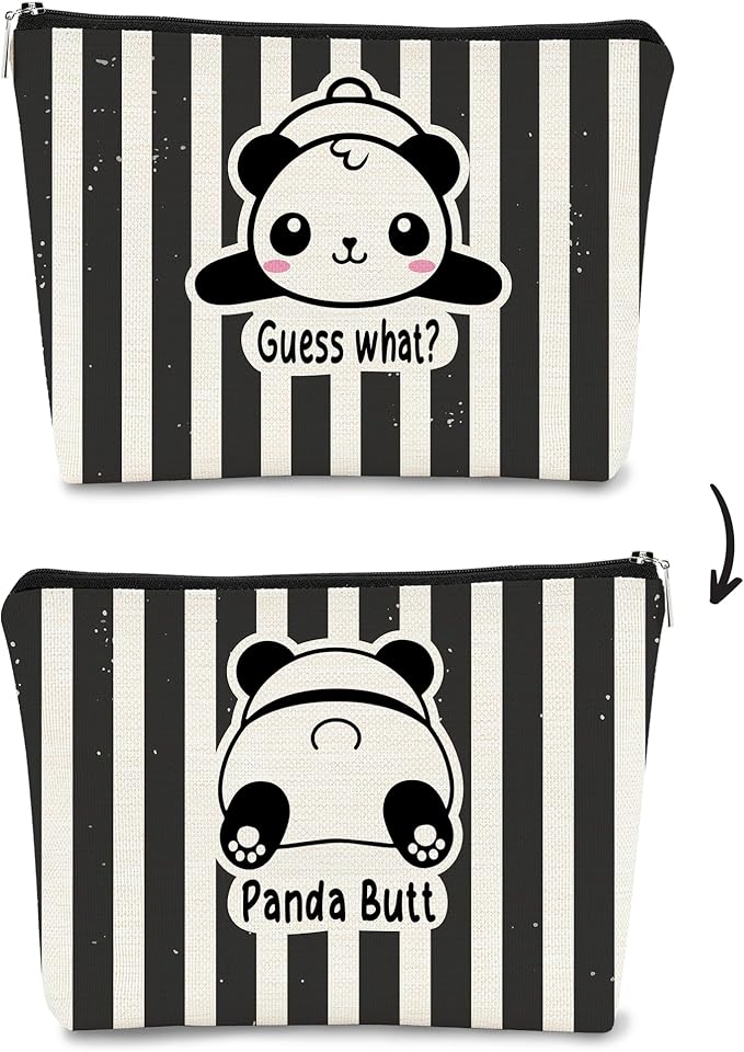 BARPERY Panda Gifts Makeup Bag for Women Girls - Cute Baby Panda 'Guess What It's Pug Butt' Cosmetic Case for Teens Daughter - Accessories (Black and White Stripe 1)