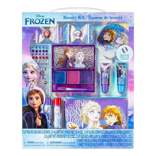 Disney Frozen Super Sparkly Cosmetic Beauty Makeup Set For Girls with Clips, Lip Gloss, Nail Stickers, Lip Balm, Nail Gems and Mirror For Parties, Sleepovers & Makeovers by Townley Girl ﻿