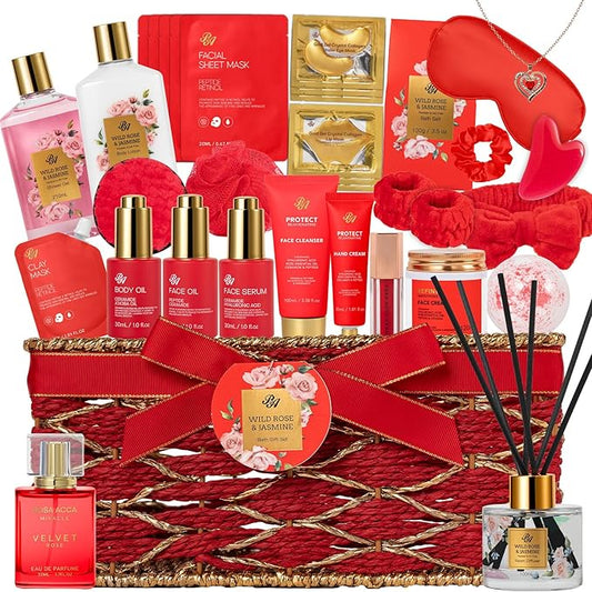 35 Pcs Valentines Day Gift for Women, Red Rose Bath and Body Basket Gift, Face Skin Care Kit, Home Spa Self Care, Lip Gloss, Diffuser, Necklace, Birthday, Christmas, Mother, Bridal Shower, Anniversary