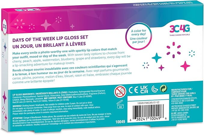 3C4G Days of the Week Lip Gloss Set for Girls - 7 Pack Kids Lip Gloss Kit for Girls, Tweens & Teens - Clear Flavored Lip Gloss Makeup Kit - Roll On Lip Gloss for Girls 8-10-12-14 by Make It Real