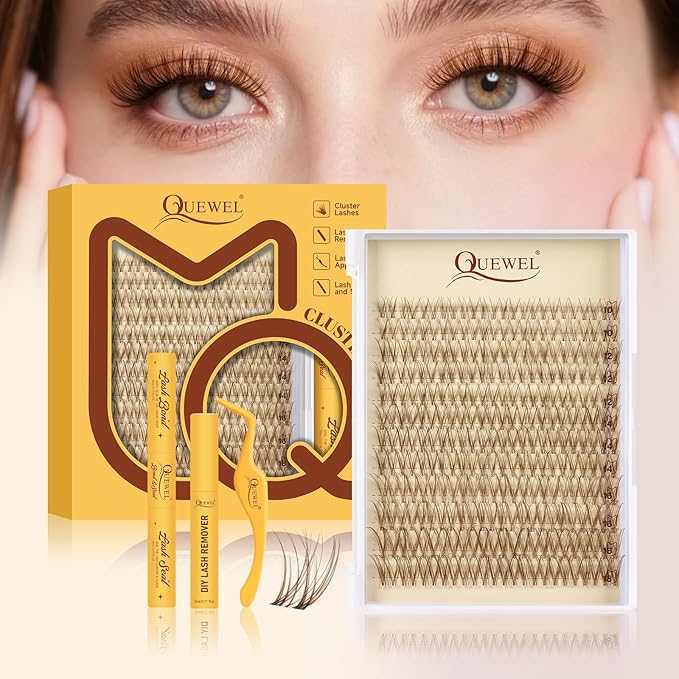QUEWEL Brown-Lash-Clusters Kit, 120pcs Wispy-Lash-Clusters Kit Mix10-18mm Wispy Natural Invisible Band Eyelash Clusters Kit for DIY Cluster Eyelash Extensions(Brown Feather 4 Set)